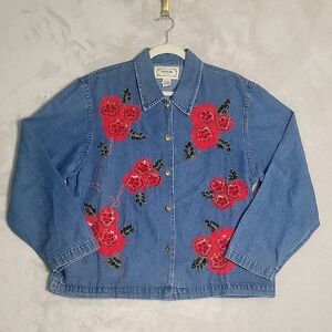90s Denim Sequined Applique Floral Shacket Large